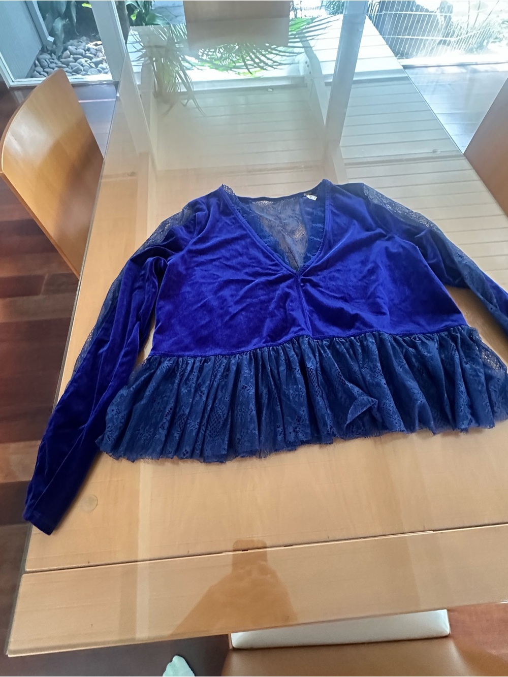 Free People Royal Blue Velvet Lace Peplum Blouse